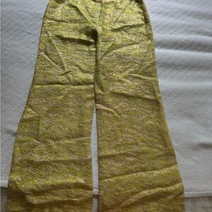 Vintage Metallic Green-Gold Textured Wide Leg Pants